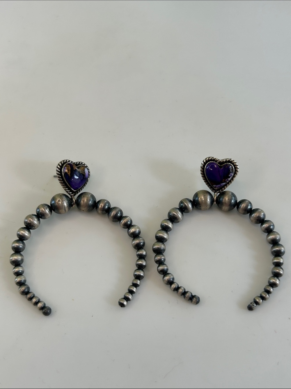 Sterling Silver Purple Mojave Turquoise Heart & Southwest Pearl Drop Earrings - Picture 2 of 7